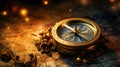 Photo of a vintage compass lying on ancient maps. The atmosphere of travel and adventure. Generative AI Royalty Free Stock Photo