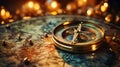 Photo of a vintage compass lying on ancient maps. The atmosphere of travel and adventure. Generative AI Royalty Free Stock Photo