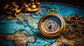 Photo of a vintage compass lying on ancient maps. The atmosphere of travel and adventure. Generative AI Royalty Free Stock Photo