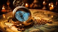 Photo of a vintage compass lying on ancient maps. The atmosphere of travel and adventure. Generative AI Royalty Free Stock Photo
