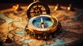 Photo of a vintage compass lying on ancient maps. The atmosphere of travel and adventure. Generative AI