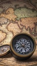 Photo Vintage compass on old world map background, geo navigation concept Royalty Free Stock Photo