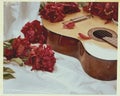 Photo of a vintage film style acoustic wooden guitar lying on a white sheet surrounded by red peonies Royalty Free Stock Photo