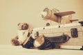 Photo of vintage toy plane and cute teddy bear Royalty Free Stock Photo