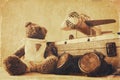 Photo of vintage toy plane and cute teddy bear Royalty Free Stock Photo