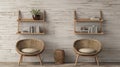 Realistic And Naturalistic Wooden Wall With Chairs And Shelf