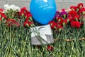 Photo of a war veteran and a balloon with the words `Thank you for the victory` are on the flowers.