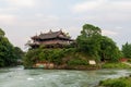 The ancient buildingsand trees in the Dujiangyan Irrigation System