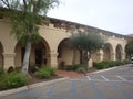 The front porch columns of the church, simple and remote at Solvang, California