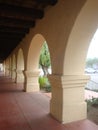 The front porch columns of the church, simple and remote at Solvang, California