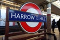 London Underground sign for Harrow on the Hill tube station on Metropolitan Line platform