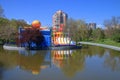 Children\'s inflatable slides on the island in the city park