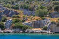Remains of an ancient settlement on the coast of the island of Kekova in the Mediterranean Sea