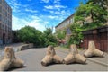 Concrete anti-tank hedgehogs on the streets of Odessa in wartime