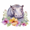 Photo watercolor painting of a cute hippopotamus with a flowers