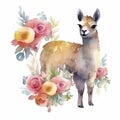 Photo watercolor painting of a cute ilama with a flowers