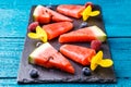 Photo of watermelon slices , fruit ice, blueberries on cutting board Royalty Free Stock Photo