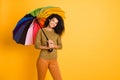 Photo of wavy cheerful nice casual charming fascinating toothy beaming girl hiding away from rain under umbrella Royalty Free Stock Photo