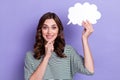Photo of wavy hair woman genius intellectual home idea how solve financial problems touch chin hold paper cloud isolated Royalty Free Stock Photo