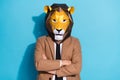 Photo of weird incognito guy wear lion costume cross hands prepare theme event party isolated over blue color background Royalty Free Stock Photo