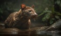 photo of wet fossa Cryptoprocta ferox sitting in rainforest river. Generative AI