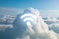 A photo of a white cloud with a black WiFi symbol hovering above it against a blue sky, Wi-Fi symbol floating in a minimalistic