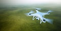 Photo White Matte Generic Design Air Drone with video camera Flying in Sky under the Earth Surface. Uninhabited Green Royalty Free Stock Photo