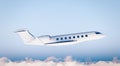 Photo White Matte Luxury Generic Design Private Airplane Flying in Blue Sky.Clear Mockup Isolated on Blurred Background Royalty Free Stock Photo