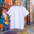 Photo of white tshirt hanging on the hanger against graffity wall.