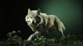 photo of a white wolf howling on dark green background with some leaves branch Royalty Free Stock Photo