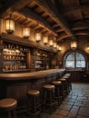 Photo Of Wide Panoramic View Of The Bar Area In A Fantasy Medieval Tavern, Interior, Art Illustration. Generative AI