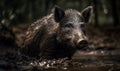 photo of wild boar standing on a forest path in mud. Generative AI Royalty Free Stock Photo