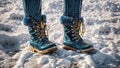 Photo of winter boots standing foot a snowy road outdoor cold fashion walk footwear