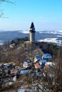 Winter landscape around the town of Stramberk with the dominant castle lookout tower, January 2021, Stramberk, North Moravia, Czec