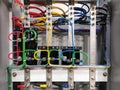 Photo of wiring of copper bars with current transformer in electrical cabinet. Royalty Free Stock Photo