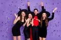 Photo of wizard guy with three witch girls win costume competition and best role enjoy confetti fall wear dresses caps