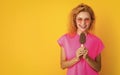 photo of woman with icelolly ice cream at summer, copy space. woman with icelolly ice cream