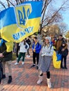 Woman Protester Waving the Ukraine Flag