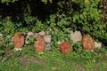 Photo of wooden face figures.