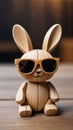 Photo Of Wooden Toy Rabbit In Sunglasses, Animal Figurine Made Of Planks, Illustration, Cover, Card, Postcard, Inte. Generative AI Royalty Free Stock Photo