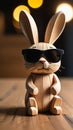 Photo Of Wooden Toy Rabbit In Sunglasses, Animal Figurine Made Of Planks, Illustration, Cover, Card, Postcard, Inte. Generative AI Royalty Free Stock Photo