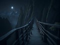Ai generated a wooden walkway leading to a mountain under the light of a full moon Royalty Free Stock Photo