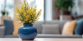 photo of yellow flowers in slim thin blue ceramic vase generative AI