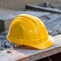 Photo Yellow hard hat safety helmet on construction site, essential gear Royalty Free Stock Photo