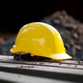 Photo Yellow hard hat safety helmet on construction site, essential gear Royalty Free Stock Photo