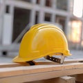 Photo Yellow hard hat safety helmet on construction site, essential gear Royalty Free Stock Photo
