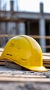 Photo Yellow hard hat safety helmet on construction site, essential gear Royalty Free Stock Photo