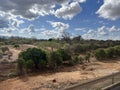Semi arid vegetation with hills along Nairobi Mombasa highway Kenya, Africa Royalty Free Stock Photo