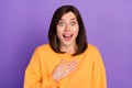 Photo of young adorable cute girlish lady wear orange sweater touch chest surprised open mouth unbelievable reaction