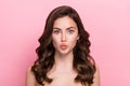 Photo of young adorable girl pouted lips collagen hydration plastic surgery isolated over pink color background